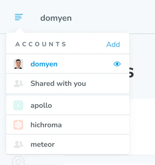 Chromatic account menu showing available accounts and the option to add an account