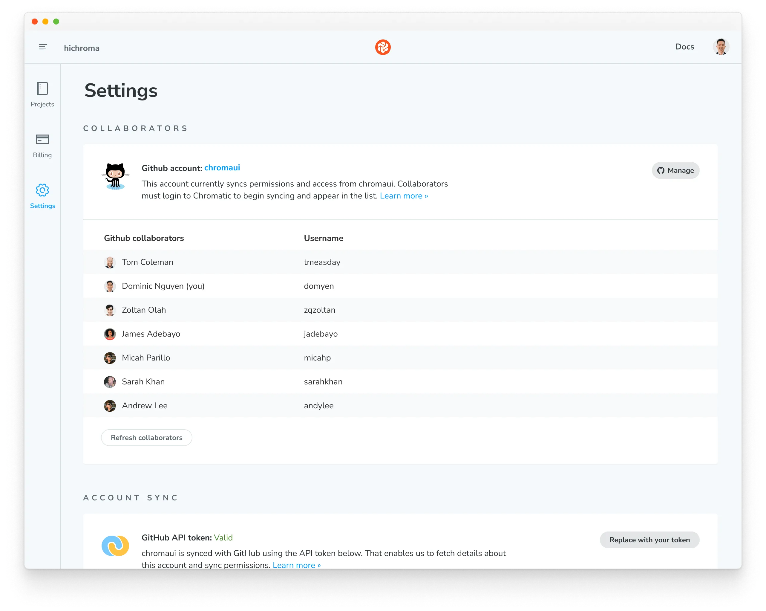 Chromatic account Settings page showing collaborators synced from a GitHub organization