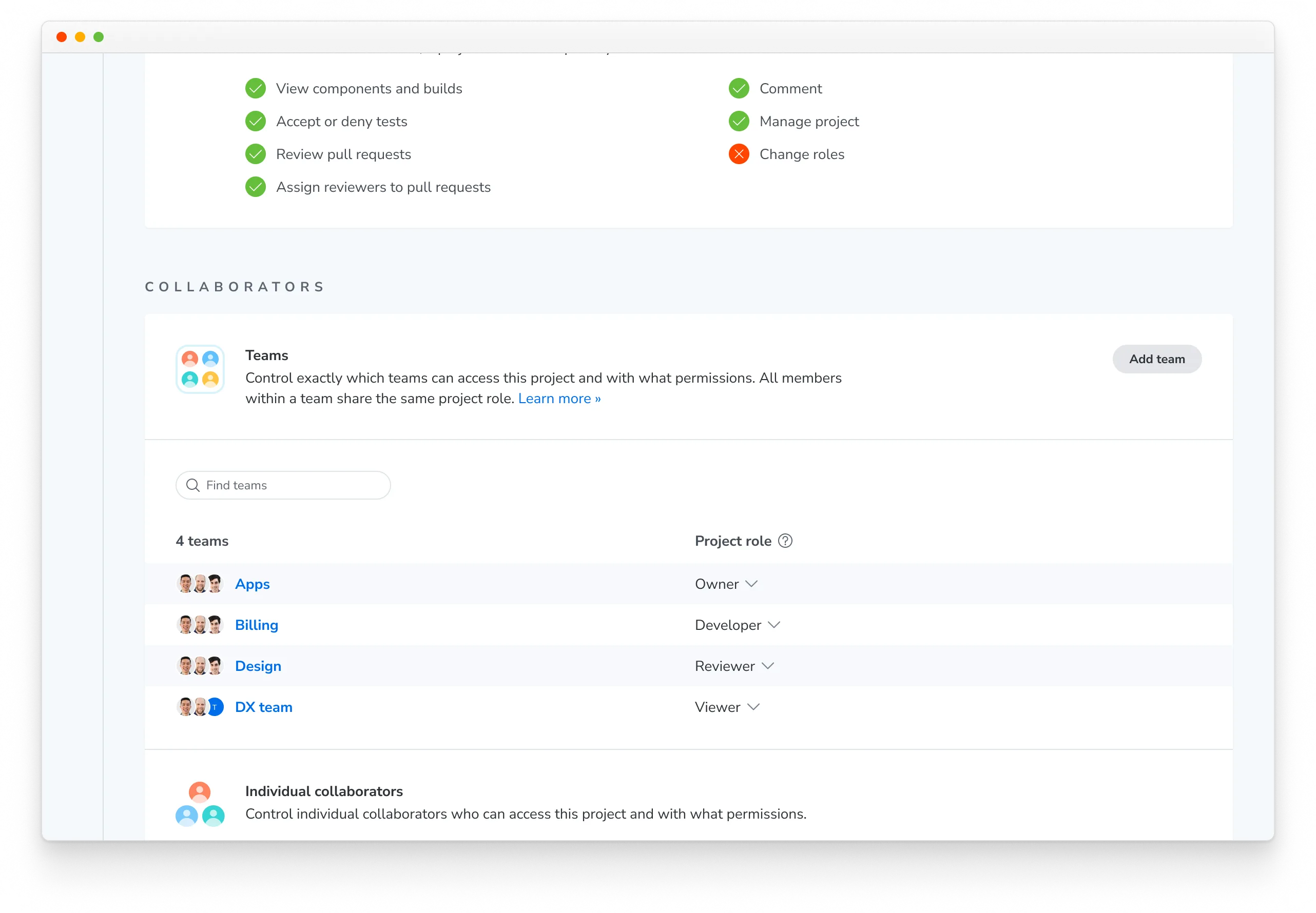 Project Manage page Collaborate tab showing the Teams panel and Add team button